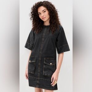 Washed Stretch Cotton Boxy Kimono Mini Dress Ganni in Black